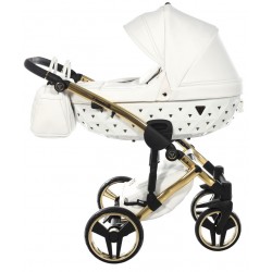 Wózek JUNAMA EXCLUSIVE dziecięcy wielofunkcyjny 2w1 biały wózek na złotym stelażu stylowy  premium eko skóra stroller white