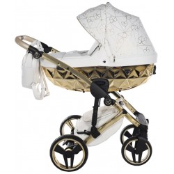 Wózek JUNAMA EXCLUSIVE dziecięcy wielofunkcyjny 4w1 biały wózek na złotym stelażu stylowy  premium eko skóra stroller white wybó