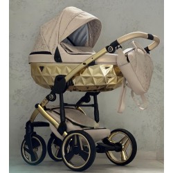 Wózek JUNAMA HEART 3w1 stylowy dziecięcy wielofunkcyjny  beżowy wózek na złotym stelażu  elegancja i klasa stroller beige