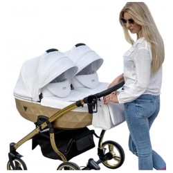 Wózek dla bliźniaków JUNAMA MIRROR SATIN DUO 3w1 biało-złoty twin pram