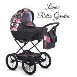 ❤️ wózek czarny w kwiaty Lonex Retro Garden duża gondola i fotelik nosidełko