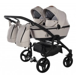 Junama Space Duo 2w1 – beżowy wózek dla bliźniąt z gondolami obok siebie (model 02)