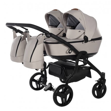 Junama Space Duo 2w1 – beżowy wózek dla bliźniąt z gondolami obok siebie (model 02)