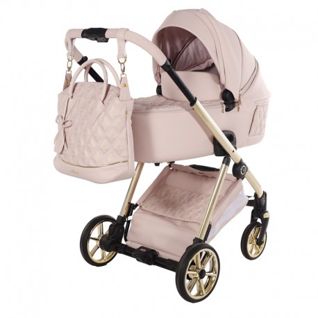 Różowy Wózek Dla Dziewczynki Junama Ellegante Art Deco 3w1 01 Pink Prams Złoty Stelaż