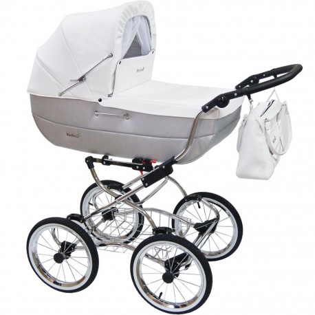 Biało-Szary Wózek Dziecięcy 1w1 Baby Fashion Renee R-2 Retro Desing Duża Gondola
