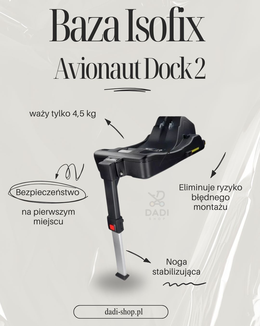 Baza isofix Avionaut Dock 2 - infografika, cechy bezpieczeństwa, stabilizacja fotelika.