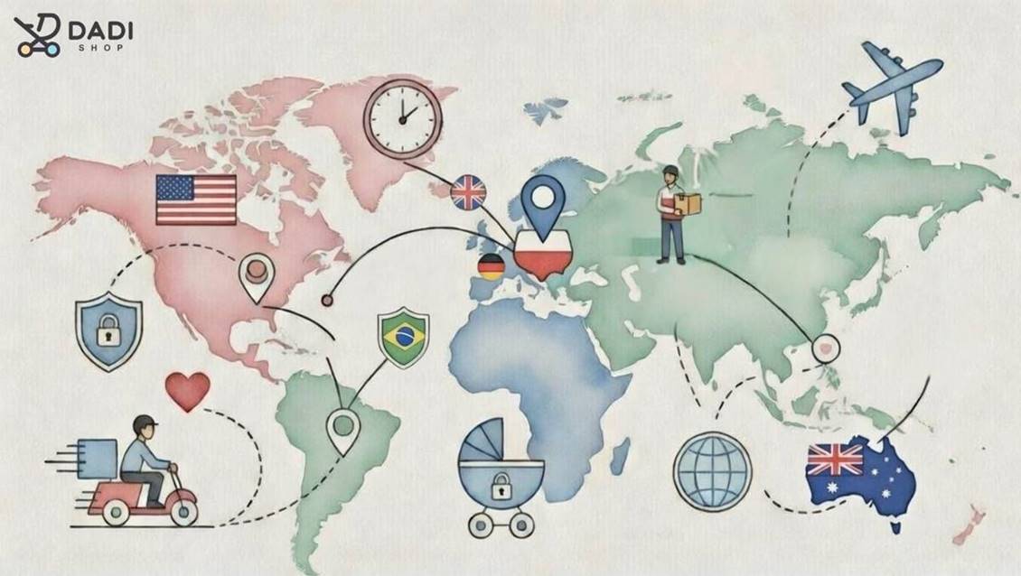 Send a pram by courier worldwide – bezpieczna międzynarodowa wysyłka wózków dziecięcych z Polski na cały świat . infografika| Dadi-Shop
