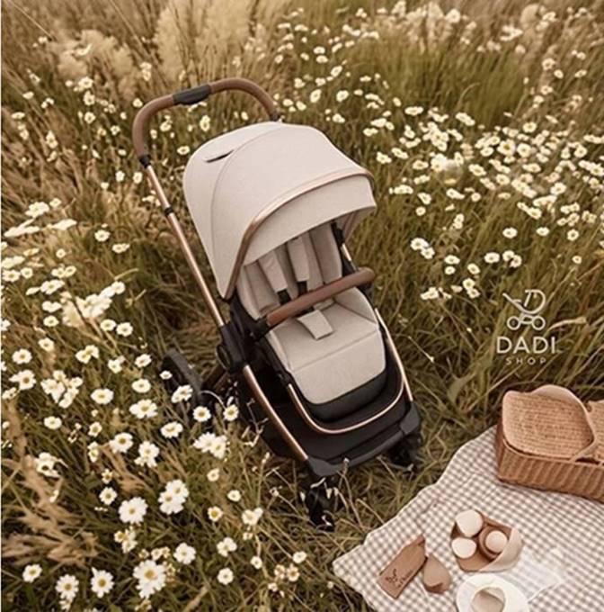 Spacerówka Adamex Spark Champagne Latte ustawiona na trawie przy kocu piknikowym wśród stokrotek.