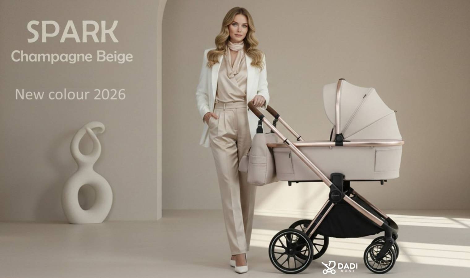 wózek dziecięcy Adamex Spark w kolorze Champagne Beige z różowo-złotymi akcentami, nowa kolorystyka 2026