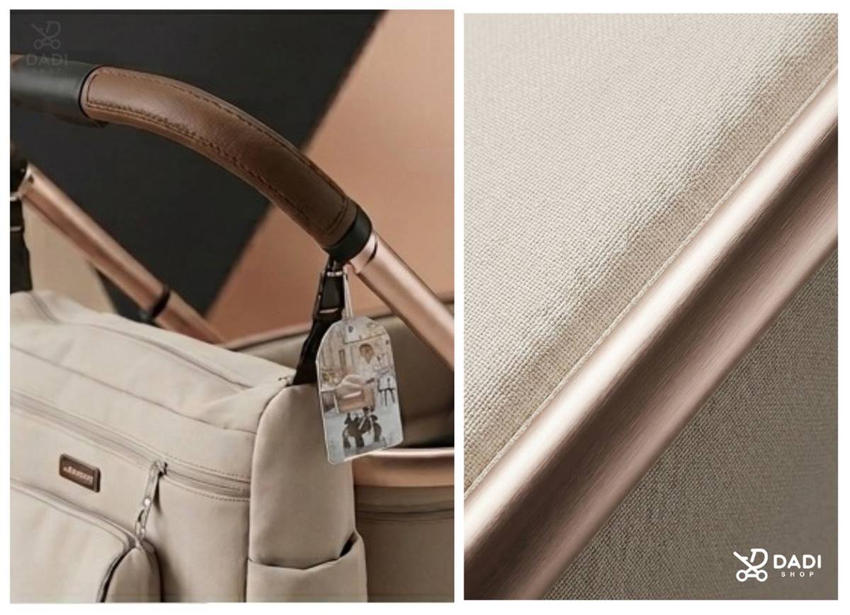 Adamex Spark Champagne Beige – rączka w ekoskórze, rama champagne, beżowa tapicerka i torba w detalach.