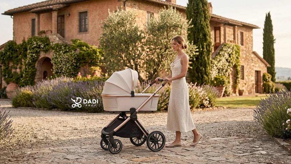 Wózek dla dziecka Adamex Spark Champagne spacer beżowy 09 – lifestylowe zdjęcie w Toskanii, beżowa gondola, różowozłoty stelaż