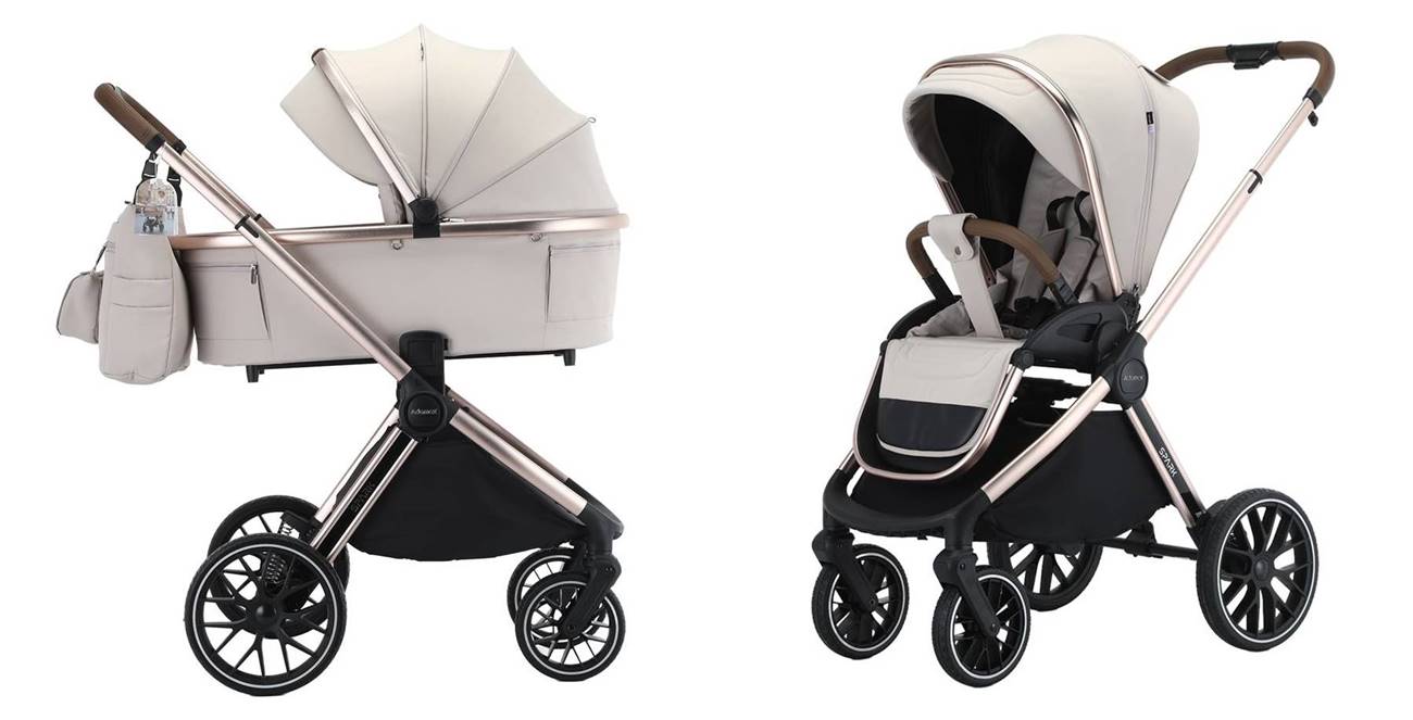 Adamex Spark 09 Champagne Beige 2w1 – wózek głęboko-spacerowy gondola + siedzisko spacerowe, szampański stelaż.