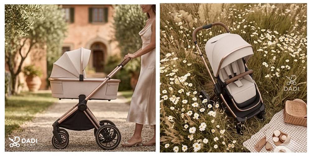 Wózek Spark Champagne Beige 2w1 – lifestyle: spacer wśród traw i kwiatów.