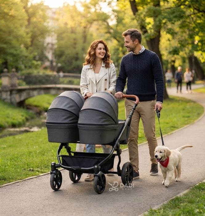 Elegancki grafitowy wózek dla bliźniąt Adbor Duo Lux Carbon Silk podczas sesji lifestyle