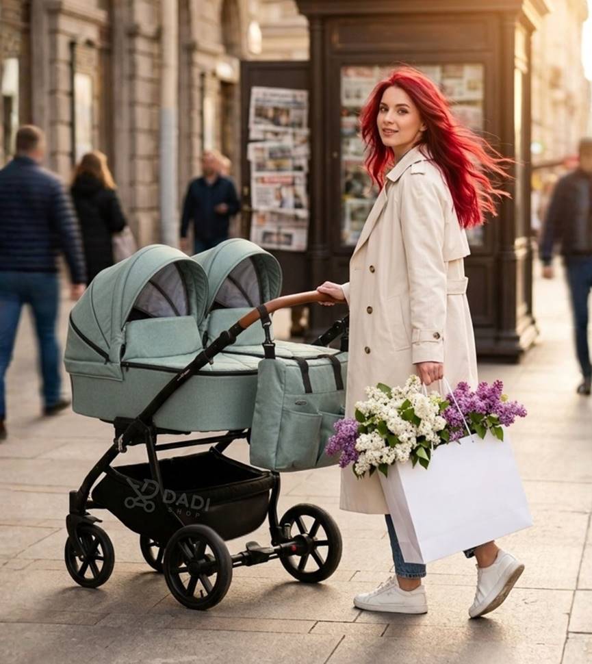 Adbor Duo Lux side-by-side twin stroller in Sage Mist with a mother walking through the city