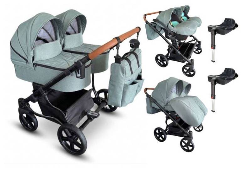 Kompletny zestaw dla bliźniąt Adbor Duo Lux 4w1 z gondolami, spacerówkami, fotelikami i bazami Isofix