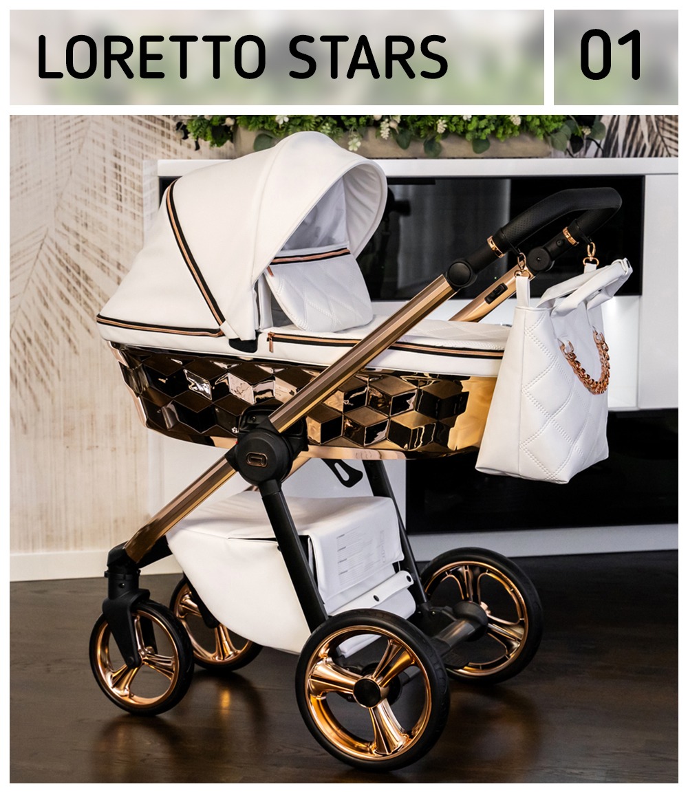 Adbor Loretto Stars 01 – luksusowy biało-złoty wózek dziecięcy 3w1 w sklepie Dadi-Shop