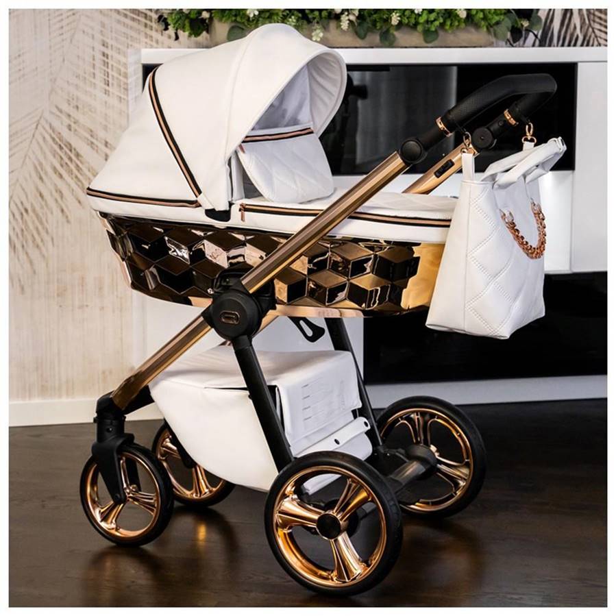 Elegancki wózek dziecięcy 4w1 Adbor Loretto Stars 4w1 biało-złoty 01 – polski producent, luksus i funkcjonalność w jednym