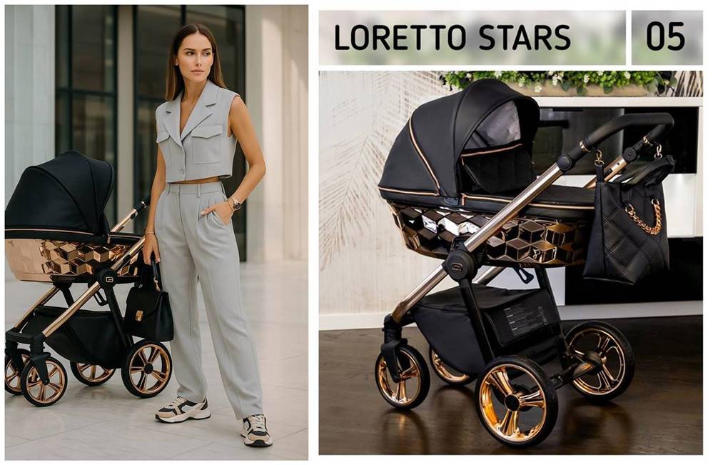 Adbor Loretto Stars – wózek dla dziecka wielofunkcyjny, prezentacja premium podczas sesji z modelką, dostępny w sklepie Dadi-Shop. Black Pram