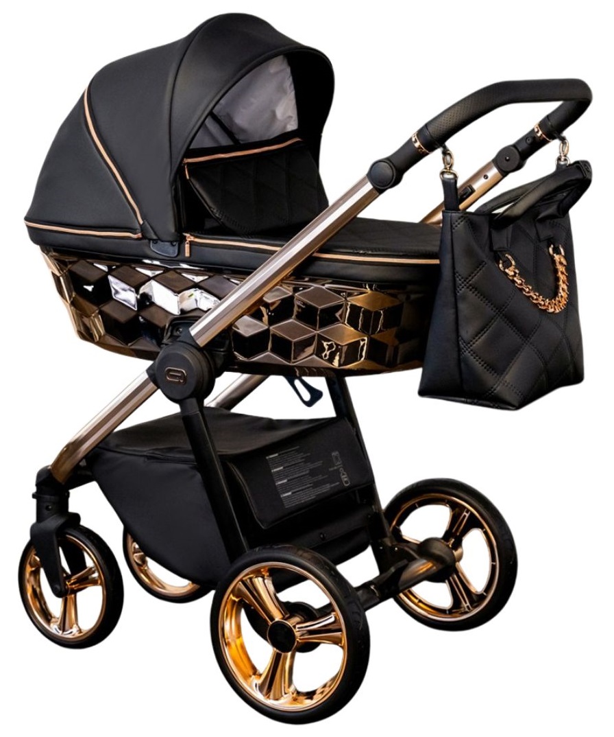 Wózek Adbor Loretto Stars 05 czarny rose gold – widok na elegancką gondolę wózka głębokiego 3w1, łączącego luksusowy design z praktycznymi funkcjami.