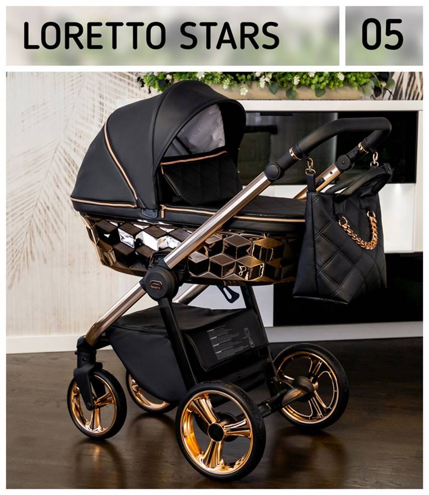 Wózek głęboko-spacerowy Adbor Loretto Stars 3w1 i 2w1 w kolorze 05 czarno-miedzianym, łączący elegancję z funkcjonalnością. dadi-shop