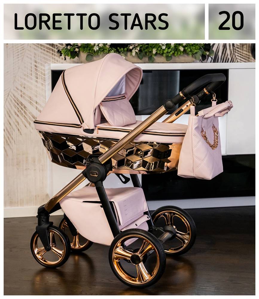 Adbor Loretto Stars wózek 3w1 w pudrowym różu ze złotymi detalami, luksusowy i funkcjonalny model premium dla dziecka.