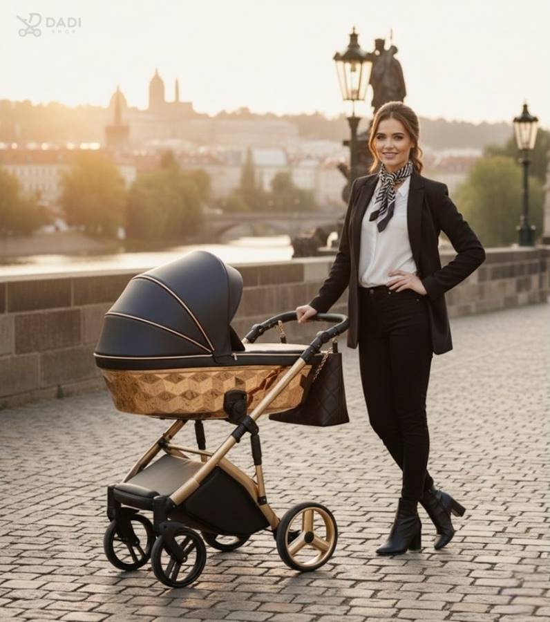 luksusowy wózek 2w1/3w1 Adbor Loretto Stars w kolorze black & gold, prezentacja w  scenerii starego miasta. sklep dadi-shop