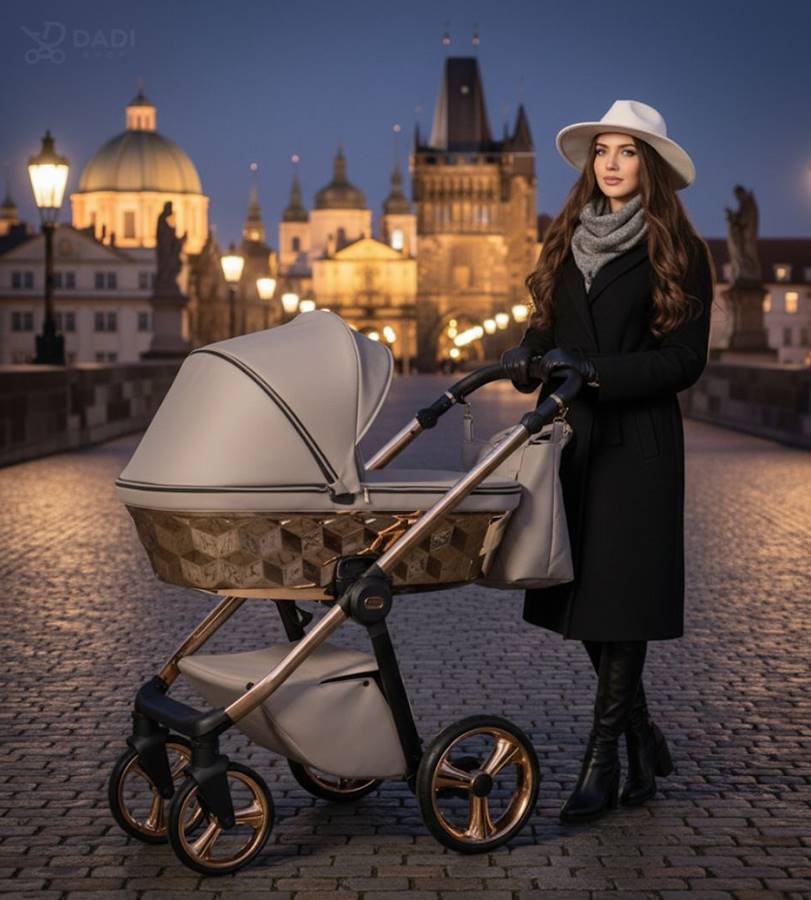 Brown pram Adbor Loretto Stars 4-in-1 – multifunctional stroller with comfortable bassinet.