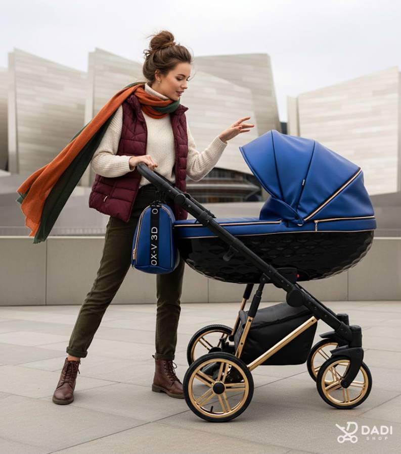 Adbor OXV-3D 3-in-1 blue pram in urban setting – stylish mom enjoying a walk with her child