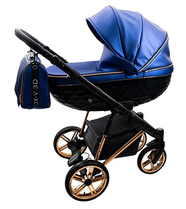 Wózek 3w1 Adbor OXV-3D niebieski 03  – pełny widok gondoli z boku, elegancki design