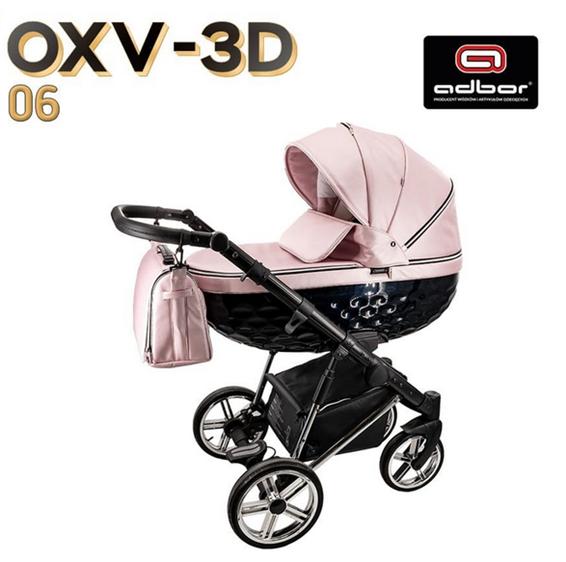 wózek dziecięcy marki Adbor OXV-3D 06 jasny róż z czarnym dołem gondoli  - dadi-shop