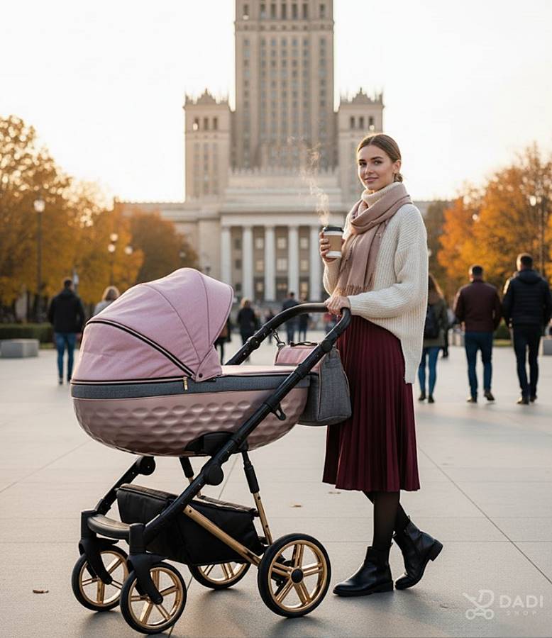 Stylowy różowy wózek dla dziewczynki marki Adbor OXV podczas jesiennego spaceru w centrum miasta.