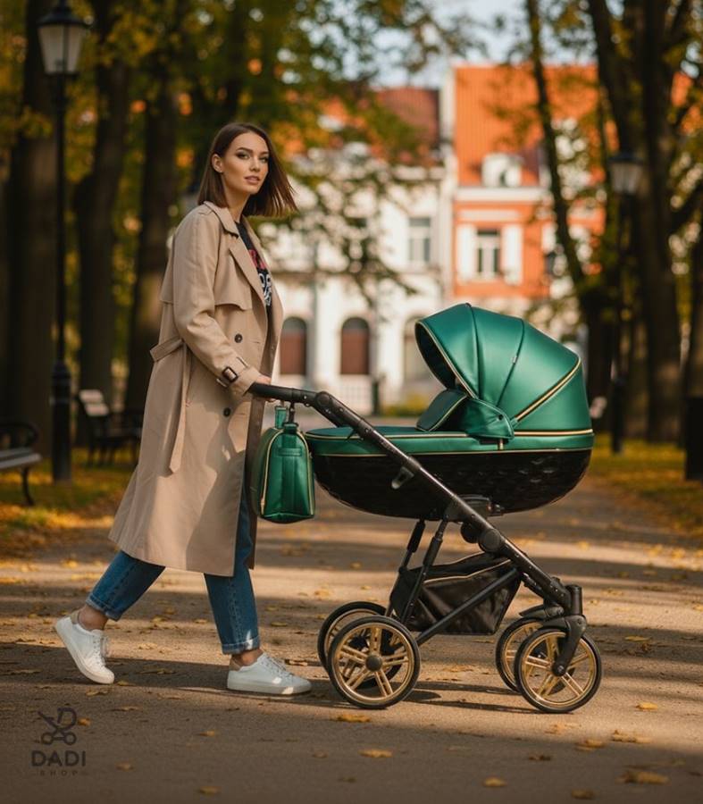 Wózek dziecięcy Adbor OXV-3D 3w1 w kolorze 08 butelkowa zieleń – sesja plenerowa w parku jesienią, Dadi Shop
