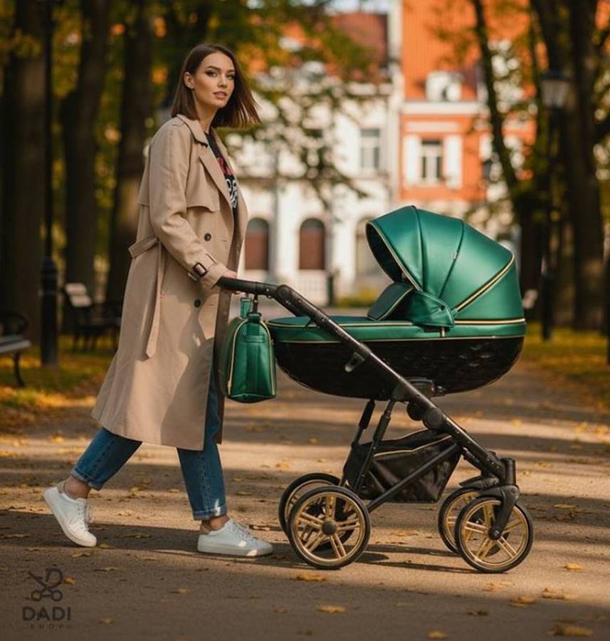 Adbor OXV 3D 2w1 wózek dziecięcy butelkowa zieleń z złotym stelażem – gondola 3D
