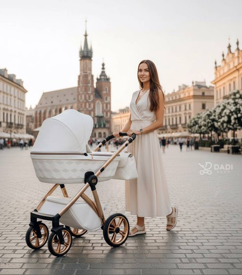 Wózek dziecięcy 2w1 Adbor Loretto 01 w kolorze białym, model premium, prezentacja plenerowa, dostępny w Dadi-Shop.