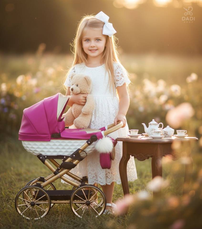 Pink doll pram Adbor Lulu with large retro wheels and adjustable handle up to 75 cm – available at Dadi-Shop