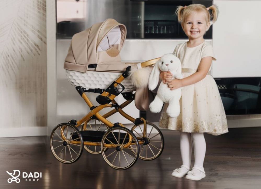 Wózek dla lalek Adbor Lulu 02 jasny beżowy – gondola retro z dużymi kołami, elegancki i funkcjonalny. dadi-shop