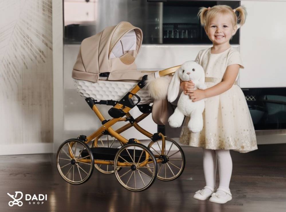 Realistic doll pram Adbor Lulu 03 beige – elegant retro toy pram with big wheels. Dadi-shop
