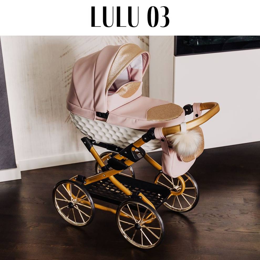 Wózek dla lalek jak prawdziwy Adbor Lulu 03 w pastelowym różu – retro koła, gondola i elegancka torebka