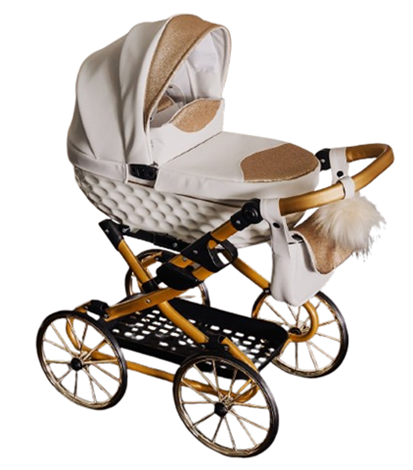 Adbor Lulu wózek dla lalek biały 04 na dużych retro kołach – elegancki model składany z gondolą, dostępny w sklepie Dadi-Shop online