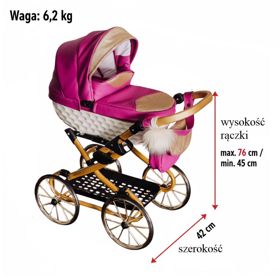 Wymiary i waga wózka dla lalek Adbor Lulu – wysokość rączki 45–76 cm, lekki i wygodny, dostępny w Dadi-Shop