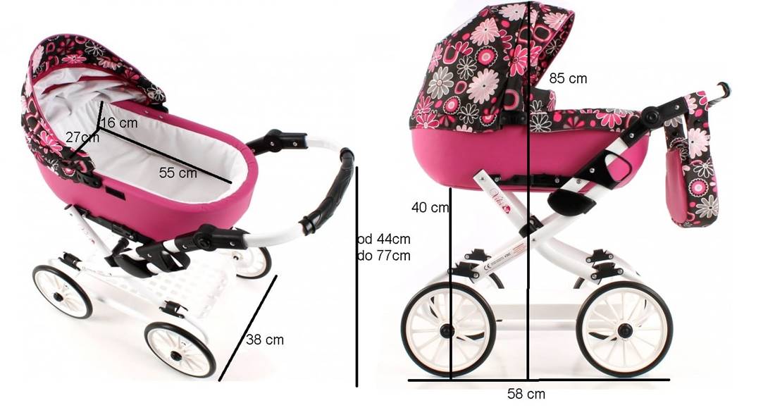 Wymiary wózka dla lalek Adbor VIKI – wysokość, szerokość i długość, sklep Dadi Shop