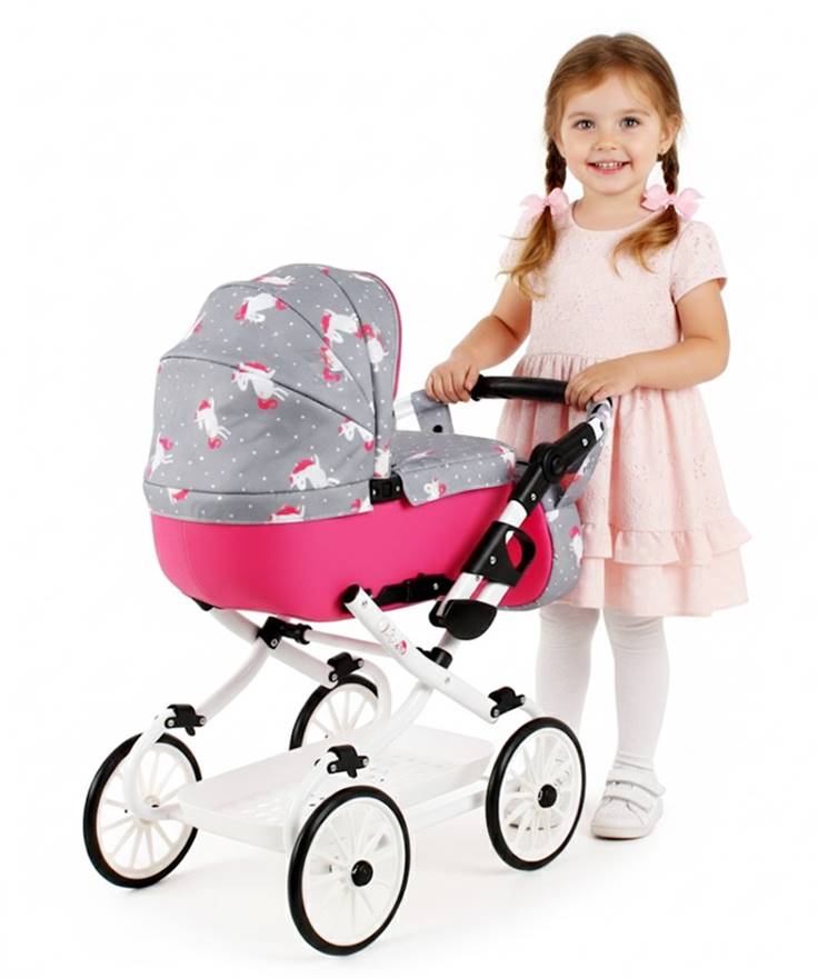 Adbor VIKI wózek dla lalek gondola 05  do 75 cm – różowy, wzór jednorożce