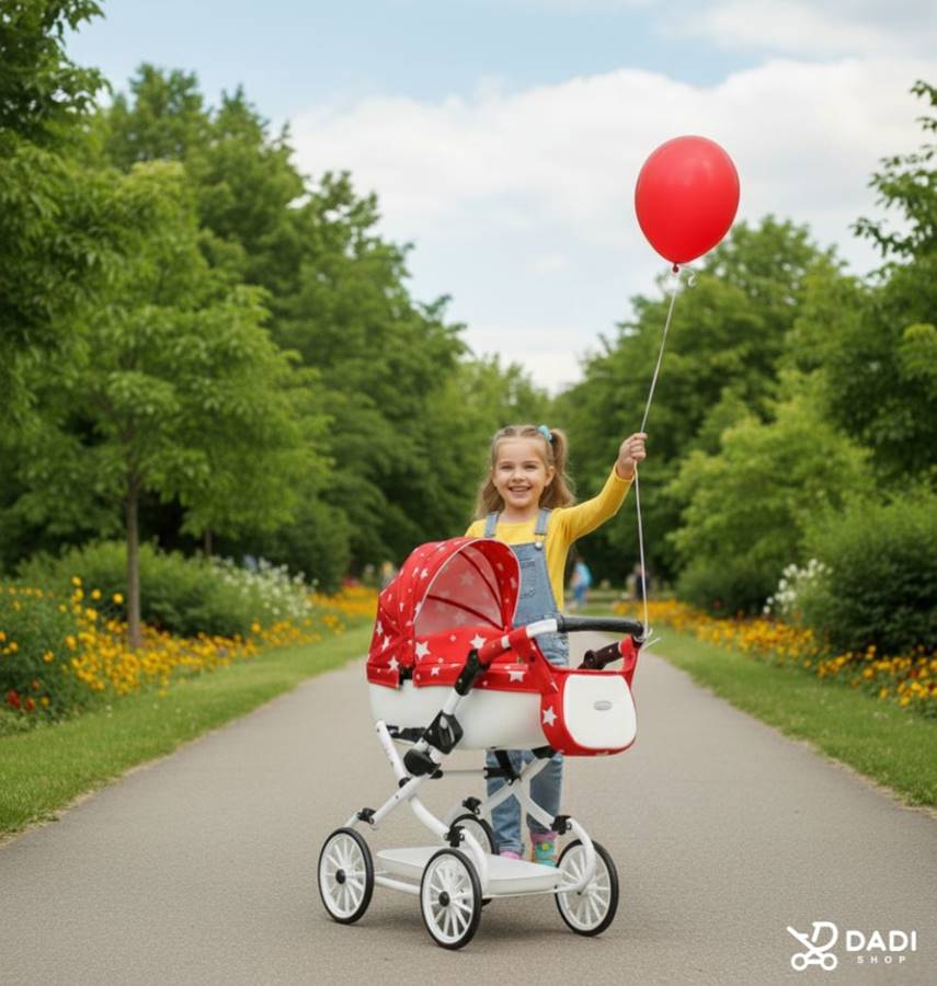 Red doll pram stroller Adbor VIKI 06 outdoors with little girl holding red balloon – gift