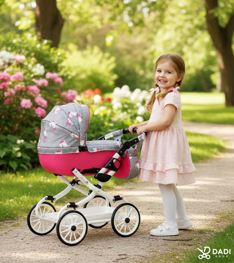 Pink baby doll pram with unicorn pattern – Adbor Viki stroller for toys, lightweight toy pram available online at Dadi-Shop.