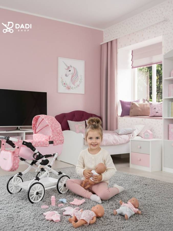 Pink doll pram Adbor Viki 07 – perfect toy stroller for 6-7 year old girl, stylish doll accessories, available at Dadi-Shop online.