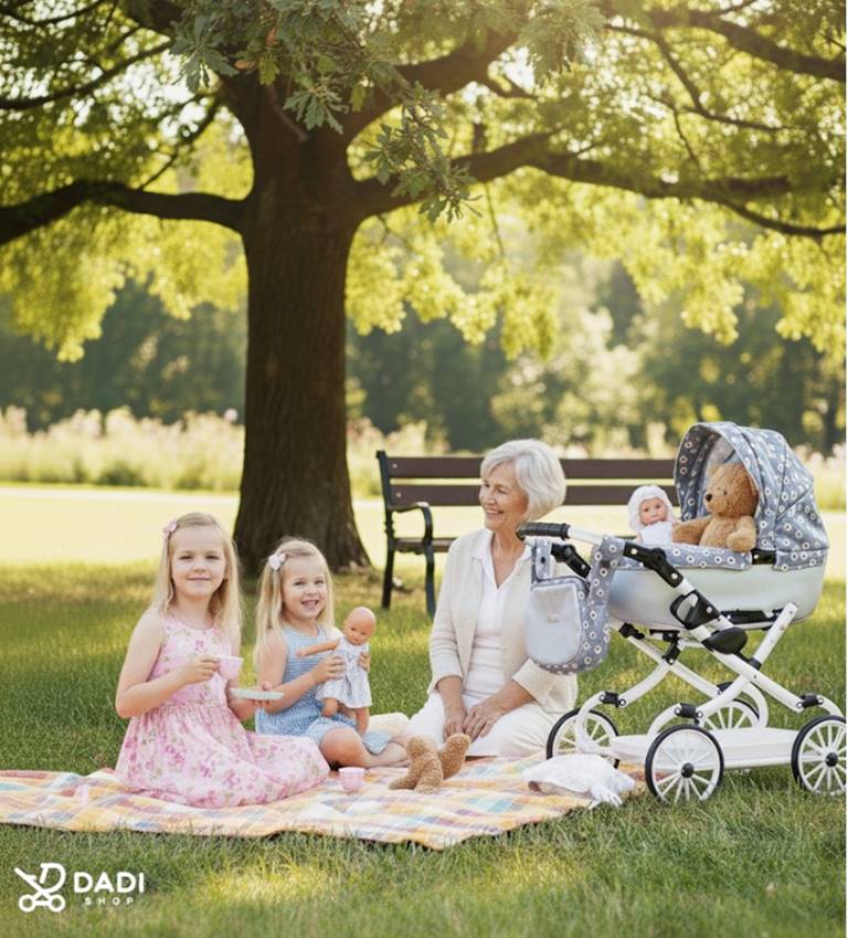 Doll pram for 7 year old Adbor Viki 08 grey, outdoor picnic scene with girls playing and grandmother nearby- dadi-shop