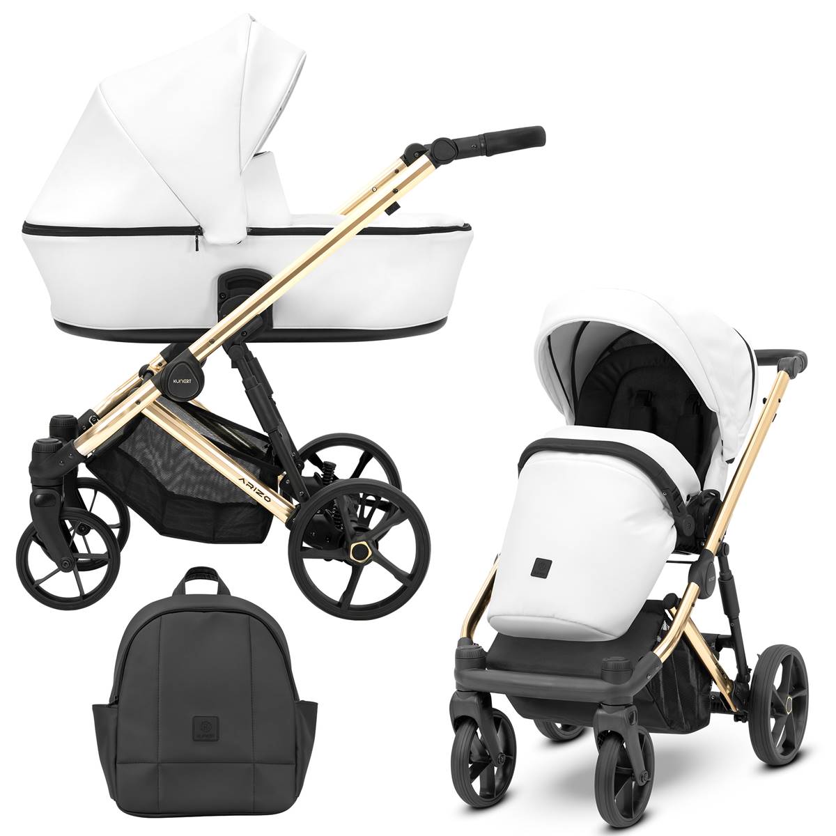 Wózek głęboko-spacerowy 2w1 Kunert Arizo Premium czarny – kolor 12 biały , elegancka eko skóra – sklep Dadi-Shop