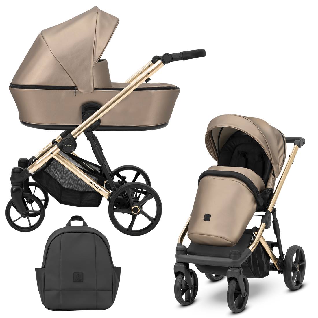 Wózek 2w1 Arizo Premium beżowy Cappuccino – wersja głęboko-spacerowa z eko skóry – sklep Dadi-Shop