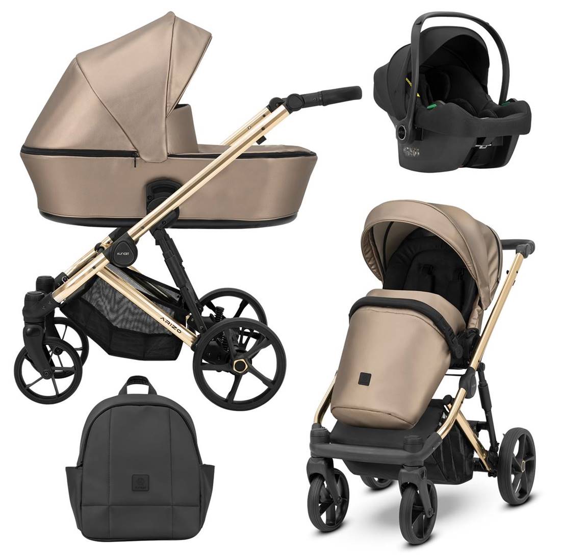 Wózek wielofunkcyjny 3w1 Kunert Arizo Premium 13 Cappucino Eco – gondola, spacerówka, fotelik, złota rama
